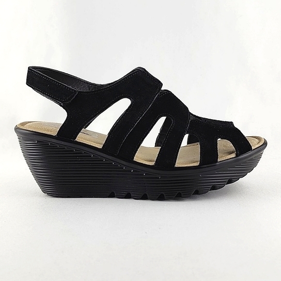 Skechers Women's Black Suede Wedge Platform Parallel Stylin Cutout Sandal Size 6 - Picture 1 of 16